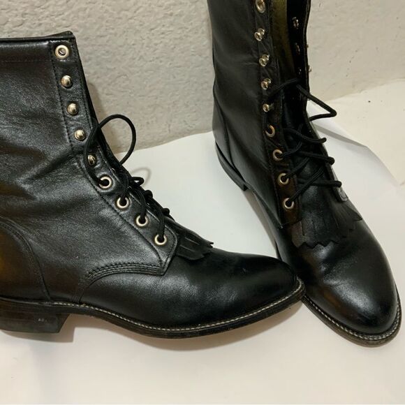 Justin Women’s 6 D Black Kiltie Roper Leather Lace Up Boots - Picture 2 of 15